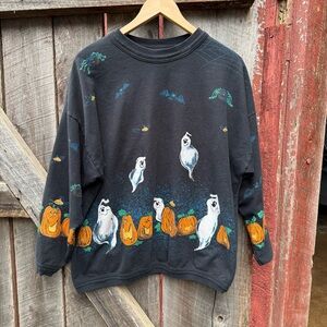 Vintage Artisans Halloween All Over Print Sweatshirt Ghosts Pumpkins Large/XL